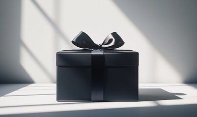 Elegantly wrapped black gift box in sunlight