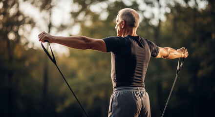 Rear view of a determined senior man building back and shoulder strength using a resistance band during an outdoor workout session in the park