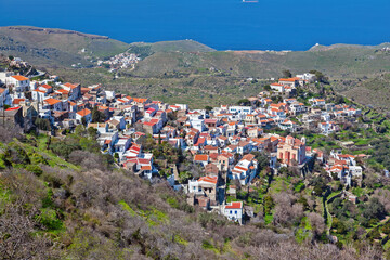 Ioulida town, panoramic view of the capital of Kea (or Tzia) island, in the Cyclades islands, Aegean Sea, Greece, Europe.
