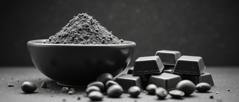 Rich cocoa powder in bowl alongside dark chocolate pieces and cocoa beans creates delightful scene for chocolate lovers