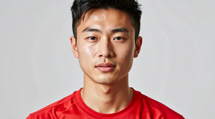 Professional Headshot of Young Man in Red Sporty T Shirt with Sweat on Face Isolated on Light Background
