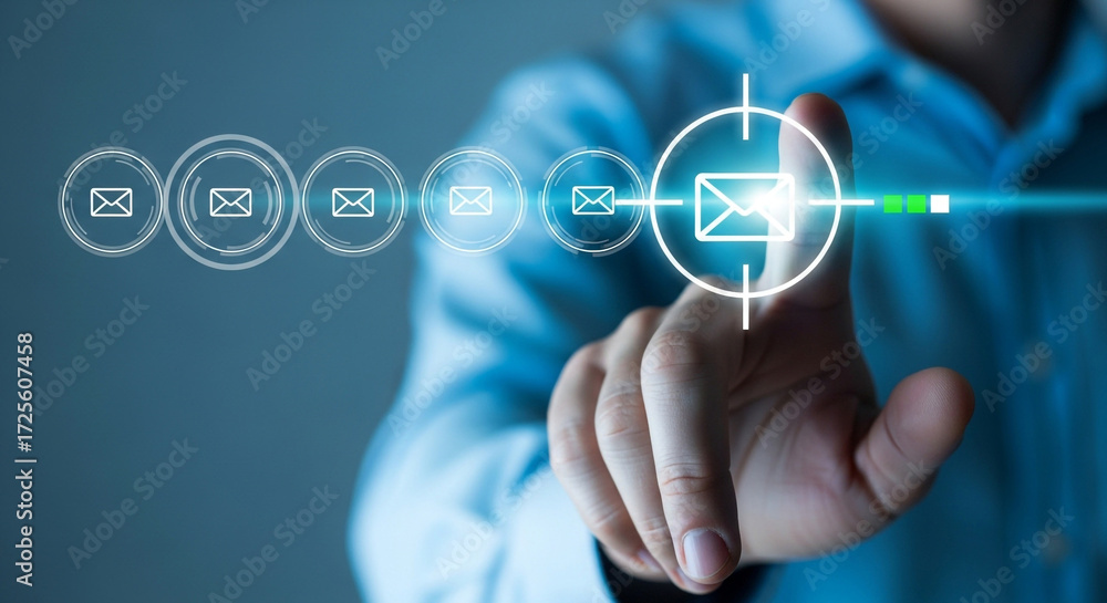 Wall mural man touching virtual screen with email icon in target for sending and receiving messages online comm