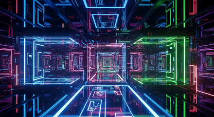 Digital cyberspace tunnel with glowing blue, pink, and green neon frames creating an infinite perspective, a futuristic AI-generated abstract background