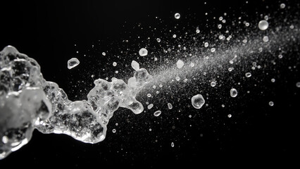 High speed water splash creating droplets and mist against dark background, showcasing beauty of fluid dynamics and motion