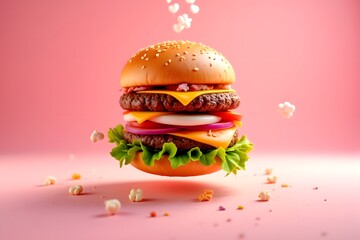 Delicious Gourmet Burger with Fresh Ingredients on Pink Background