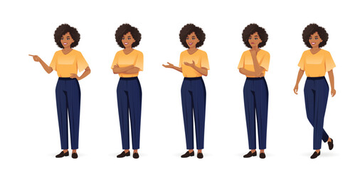 Business African American woman with afro hairstyle standing half turn view different poses set. Standing with arms crossed, thinking, walking, pointing, speaking. Isolated vector illustration.
