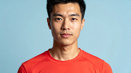 Professional Headshot of Young Man in Red Sporty T Shirt with Sweat on Face Isolated on Light Background
