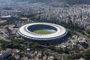Aerial view of Maracanã Stadium Rio surrounded by urban sprawl and green trees