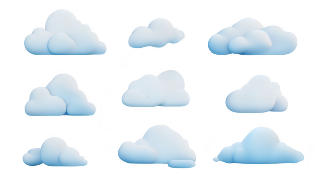 A collection of fluffy. stylized clouds in various shapes and sizes against a soft blue background. perfect for use in digital design. illustrations. or creative projects