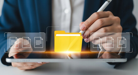 Businesswoman using tablet for digital document management system, online documentation database and process automation for files