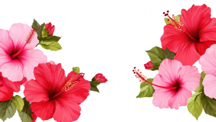A arrangement of hibiscus flowers in shades of pink and red. lush green leaves against a clean white background. ideal for floral-themed designs or decorations