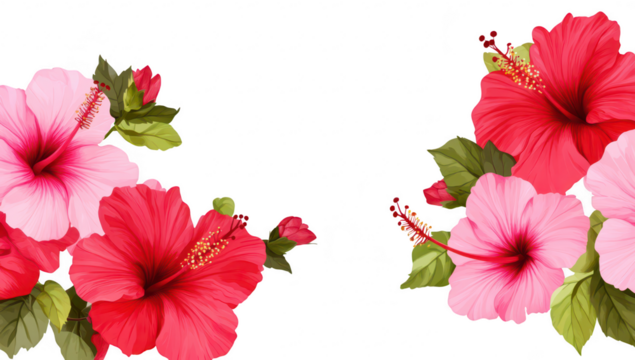 A arrangement of hibiscus flowers in shades of pink and red. lush green leaves against a clean white background. ideal for floral-themed designs or decorations - Powered by Adobe