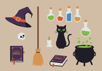 Vector art of a whimsical Halloween scene featuring a witches' hat, black cats, a bat, a pumpkin, potion bottles, spellbooks, a cauldron, a broom, scissors, and a ghost, all set against a clean white 
