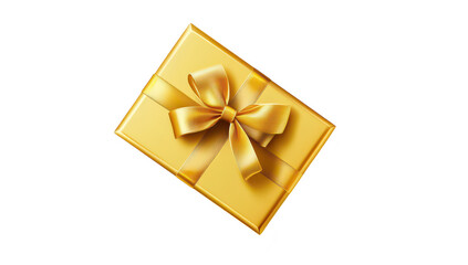 A beautifully wrapped golden gift box with a satin ribbon. positioned centrally against a clean white background. symbolizing celebration and joy. perfect for holiday or special occasion imagery
