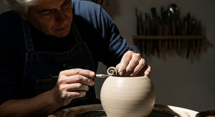 Skilled artisan meticulously sculpts a delicate spiral on a wet clay pot, showcasing the traditional art of handmade pottery in his workshop
