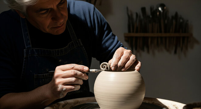 Skilled artisan meticulously sculpts a delicate spiral on a wet clay pot, showcasing the traditional art of handmade pottery in his workshop - Powered by Adobe