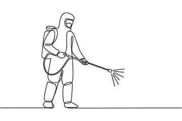 Person in hazmat suit sprays disinfectant with backpack sprayer