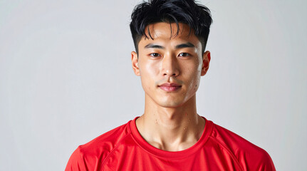 Professional Headshot of Young Man in Red Sporty T Shirt with Sweat on Face Isolated on Light Background
