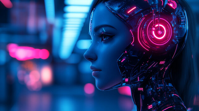 Neon Oracle: Cyberpunk Woman with Digital Augmentation - Powered by Adobe