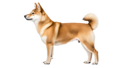 A Shiba Inu dog stands proudly in profile against a white background. its unique coat and playful demeanor. ideal for pet-related content or animal care resources
