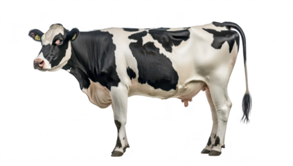 A healthy Holstein cow stands proudly against a plain white background. its distinctive black and white markings. ideal for agricultural and livestock-related content