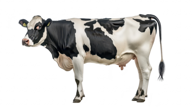 A healthy Holstein cow stands proudly against a plain white background. its distinctive black and white markings. ideal for agricultural and livestock-related content