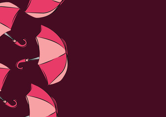 poster of protective pink umbrellas from rain in the open state in line art style on a dark pink background
