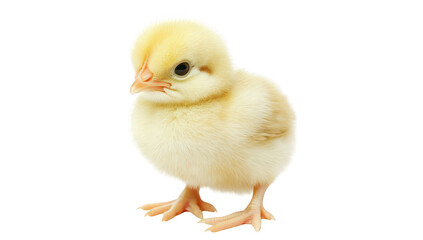 Obraz premium A fluffy yellow chick standing on a white background. its soft feathers and curious expression. ideal for animal-themed projects or educational materials