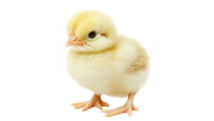 A fluffy yellow chick standing on a white background. its soft feathers and curious expression. ideal for animal-themed projects or educational materials