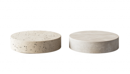 Two circular concrete objects. one with a speckled texture and the other smooth. displayed side by side on a white background. different finishes for design purposes