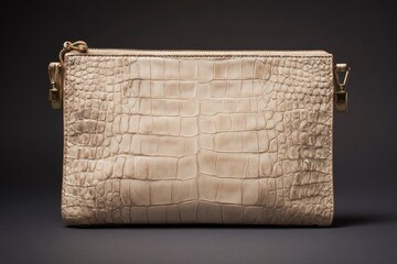 A beige crocodilepatterned rectangular clutch bag with gold zippers sits against a dark grey backdrop