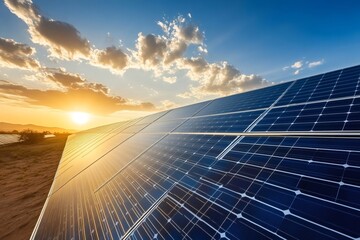 Solar panels in a vast desert landscape capturing the warm light of the setting sun, symbolizing sustainable energy and future