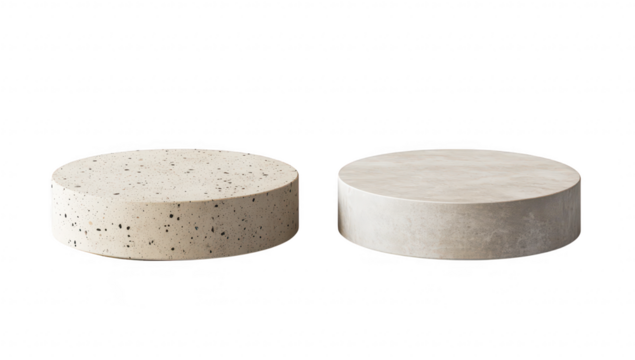 Two circular concrete objects. one with a speckled texture and the other smooth. displayed side by side on a white background. different finishes for design purposes