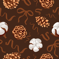 Christmas seamless pattern with pine cones and cotton flowers of various shapes, brown bow and ribbons on a brown background, for holiday printing, packaging or textiles