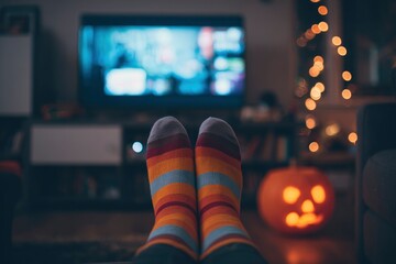 Striped socks extend toward TV backdrop glows with lights a lit jackolantern on floor dark room