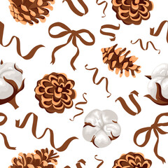 Christmas seamless pattern with pine cones and cotton flowers of various shapes, brown bow and ribbons, for holiday printing, packaging or textiles