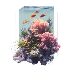 A coral reef with fish swimming in it isolated on a transparent background