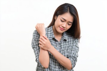 A woman in a plaid shirt rubs her wrist with a pained expression