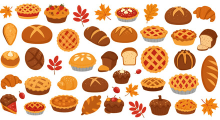 Autumn baked goods assortment Flat style Maple leaves and berries Thanksgiving holiday