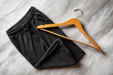 Gray sweatpants lie with a wooden hanger on a marble surface illuminated by natural light