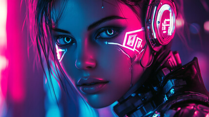 Neon Oracle: Cyberpunk Woman with Digital Augmentation