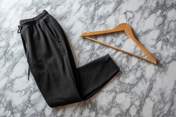 Gray sweatpants lie on marble next to a wood hanger