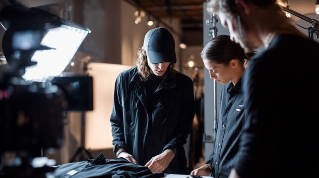 Team prepares clothing items for a photoshoot in a modern studio setting