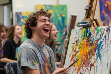Enthusiastic student expressing joy in an art class, splashing vibrant paint on canvas during a fun, creative session