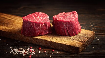 steak. Premium raw beef fillet steak on a wooden cutting board showcasing marbled texture. menu design, packaging mockups, designed for food delivery and cloud-kitchen brand materials.