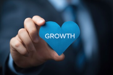A person in a suit holds a blue heartshaped paper with the word GROWTH written on it
