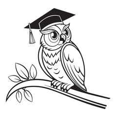 A charming black and white illustration depicts an owl wearing a graduation cap, perched on a branch with leaves, isolated on white background symbolizing wisdom and achievement