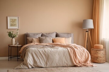Bedroom scene bed with neutral linens side table with vase standing lamp  woven basket Soft warm tones
