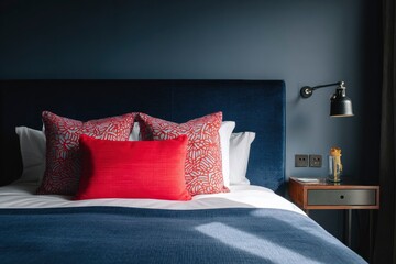 A neatly made bed features red throw pillows and a blue comforter set against a blue wall with a bedside table and lamp