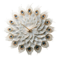 A clock with feathers on it isolated on a transparent background